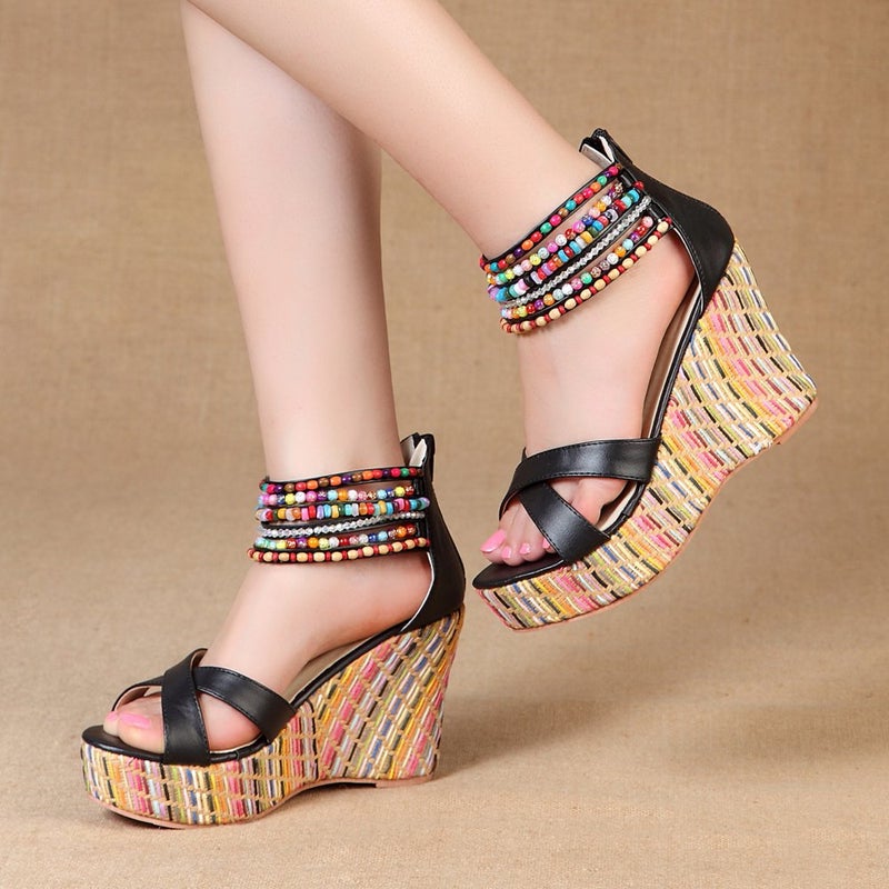 getmorebeauty Women's Black Weave Wedge With Pearls Across The Top Platform High Heels 10 US - Image 5